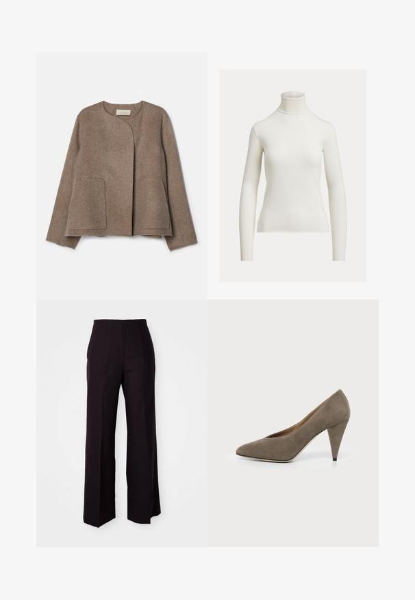 Vanessa Bruno CHANN - Let jakke / Sommerjakker - taupe; Langærmet, off-white ribbet rullekravetrøje med tætsiddende silhuet på ensfarvet baggrund.; Sorte vide benbukser med høj talje, der har en glat tekstur og subtile frontfolder, skræddersyet til en struktureret pasform.; Taupe ruskind højhælede pumpe med spids tå og kegleformet hæl på en ensartet lys baggrund.