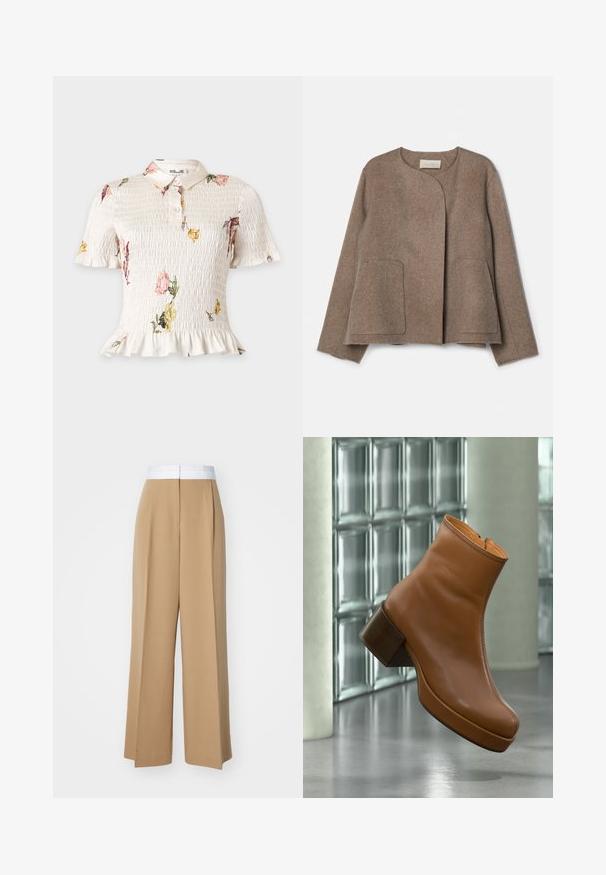 Vanessa Bruno CHANN - Veste légère - taupe; Blouse blanche à manches courtes froncées, ourlet volanté, imprimé floral, col et trois boutons à l'avant.; Pantalons à jambes larges en tissu brun clair avec une taille blanche contrastante. Présente des lignes épurées et sans motifs ou embellissements visibles.; Bottine en cuir marron à talon bloc, flottant à l'intérieur près d'un mur en briques de verre et d'une colonne cylindrique sur un sol poli.