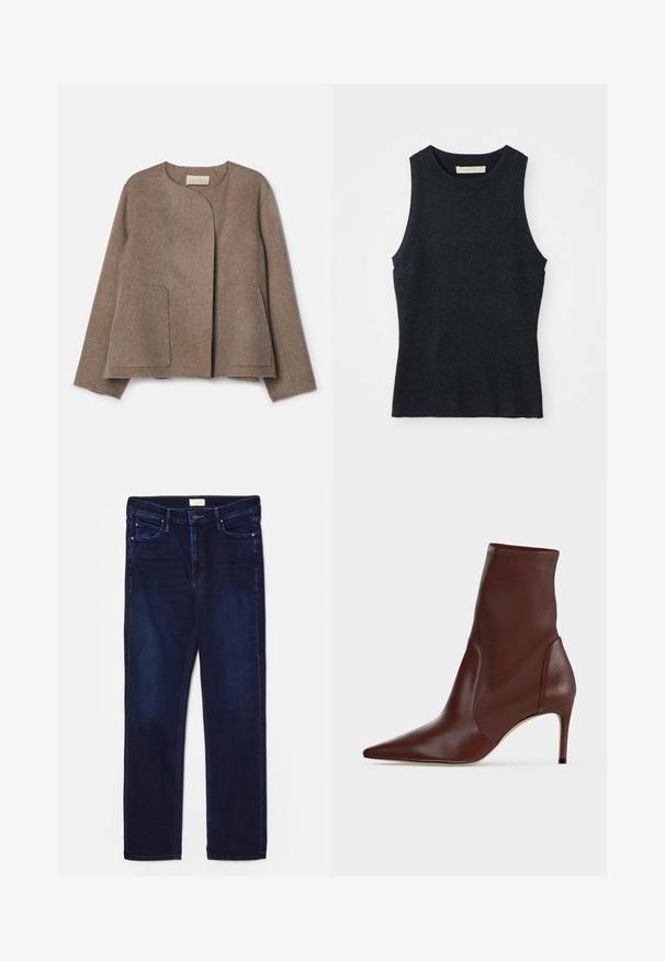 Vanessa Bruno CHANN - Let jakke / Sommerjakker - taupe; Udenærmet, mørkegrå strikket tanktop med rund hals, lagt fladt på hvid baggrund.; Mørkeblå denimjeans med slim fit, fem-lomme design, stikninger og lige benudskæring. Har en knap- og lynlås lukning.; Mørkebrun læderankelstøvle med spids snude og slank høj hæl mod en ensfarvet lys baggrund.