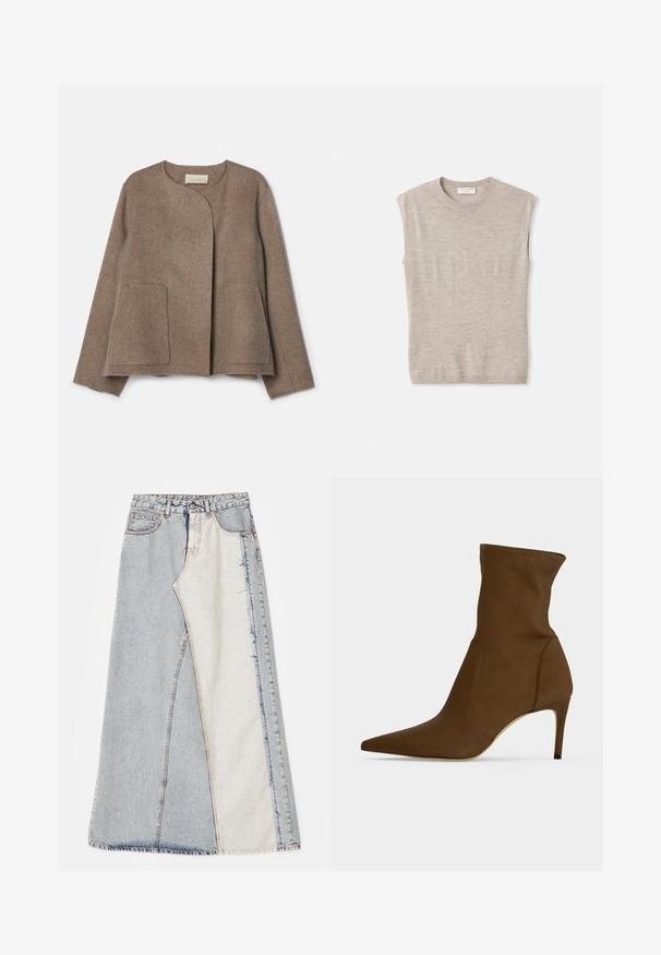Vanessa Bruno CHANN - Leichte Jacke - taupe; Helles beige, ärmelloses Oberteil aus weichem Material, mit rundem Hals, klaren Linien und einem leicht lockeren Schnitt. Minimalistisches Design.; Jeansrock mit einem Patchwork-Design in hell- und mittelblauen Abschnitten, ausgefransten Säumen und hoher Taille. Klassischer Fünf-Taschen-Stil.; Brauner spitz zulaufender Stiefelette mit schlankem mittelhohem Absatz und glattem Stoffoberteil.