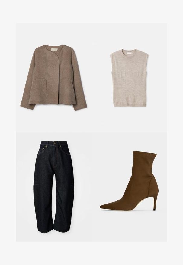 Vanessa Bruno CHANN - Let jakke / Sommerjakker - taupe; Lys beige ærmeløs top lavet af blødt materiale, med rund hals, rene linjer og en let løs pasform. Minimalistisk design.; Mørke denim jeans med en afslappet pasform, der har diskret orange syninger, forlommer og en flad talje med en knaplukning.; Brune ankelstøvler med spids tå, en slank mellem-høj hæl og et glat stofoverdel.
