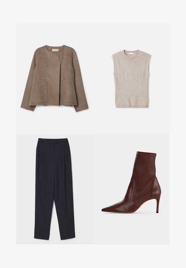 Vanessa Bruno CHANN - Suvejakk - taupe; Kerge beež ilma varrukatop, mis on valmistatud pehmest materjalist, millel on ümar kaelus, puhtad jooned ja veidi vabam istuvus. Minimalistlik disain.; Tumed teksased pehmest kangast, millel on voldid ja sirge sääre disain, tavaline talje ja küljetaskud.; Tumepruun nahast pahkluu saabas terava ninaga ja õhukese kõrge kontsaga lihtsa heleda tausta ees.