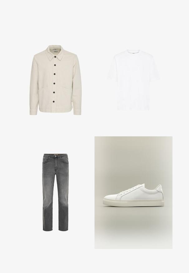 Beige Baumwolljacke mit strukturiertem Kragen, durchgehender Knopfleiste, zwei großen Taschen und schwarzen Knöpfen als Kontrast.; Weißes Kurzarm-T-Shirt aus Baumwolle. Mit Rundhalsausschnitt, lässigem Schnitt und ohne sichtbare Muster oder Akzente. Einfaches und schlichtes Design.; Graue Denim-Jeans mit geradem Schnitt, fünf Taschen-Design und einem dezenten, verblassten Finish. Verfügt über einen Knopf- und Reißverschluss.; Weißer Sneaker mit niedrigem Schaft, vorn mit Schnürung und dicker Sohle, aus der Seitenansicht vor neutralem Hintergrund.