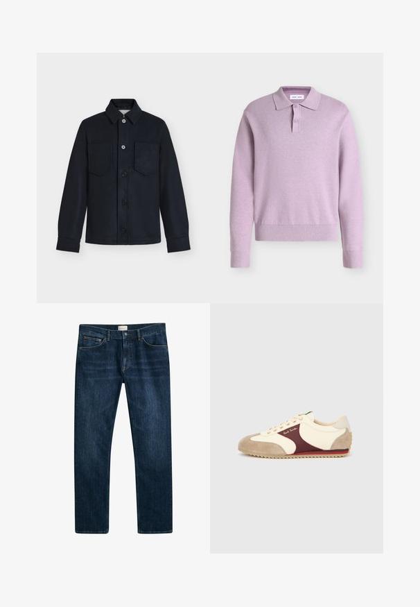Sort knapopluk jakke med lange ærmer, to brystlommer og en klassisk krave på en ensfarvet lysegrå baggrund.; Lilla langærmet strikket polo sweater med to knapper på stolpelukningen og ribstrikkede manchetter og bund på ensfarvet baggrund.; Mørkeblå denim jeans med lige ben, knap- og lynlåslukning samt forlommer. Glat tekstur og minimal falmning.; Sporty sneaker med cremefarvet stofoverdel, mørkerødt ruskindsaccent, beige tåhætte og tekstureret gummisål med zigzag-mønster.