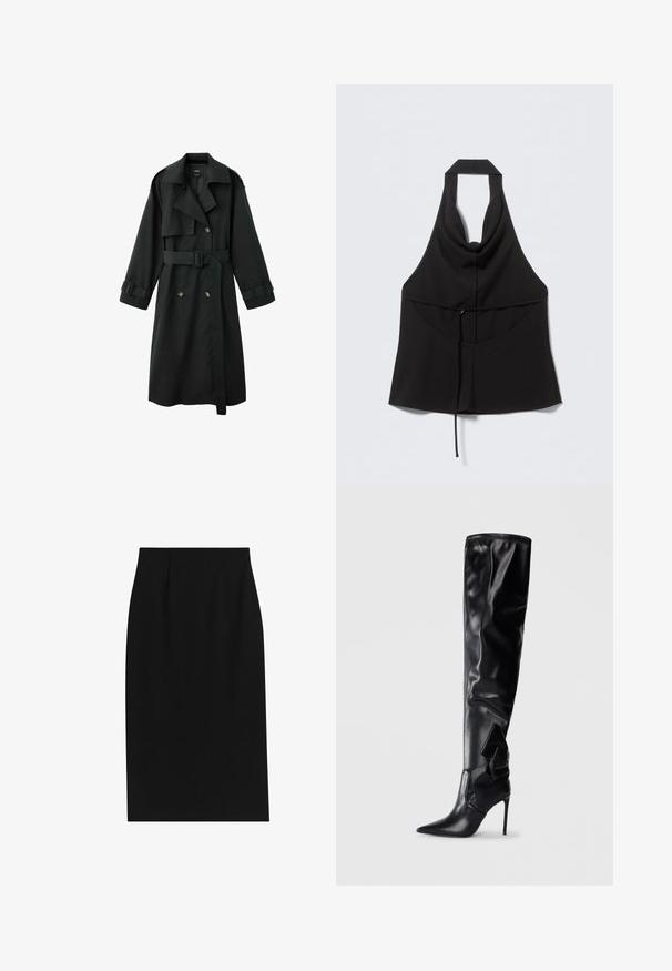 Zwarte lange trenchcoat met brede kraag, dubbele rij knopen aan de voorkant, riem in de taille en gespsluitingen aan de manchetten, afgebeeld op een witte achtergrond.; Zwarte haltertop zonder mouwen met een ceintuur in de taille, een v-vormige voorhals en een wijd uitlopende onderkant.; Zwarte kokerrok met een gladde textuur, getailleerde pasvorm en verticale plooien bij de taille, ontworpen voor een slanke silhouette.; Zwarte kniehoog laars gemaakt van glanzend synthetisch materiaal. Heeft een puntige neus, stilettohak en een grote strikdetail aan de zijkant.