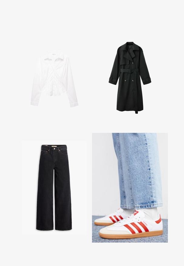 Long trench-coat noir avec col large, devant à double boutonnage, ceinture à la taille et brides à boucle aux poignets, présenté sur fond blanc.; Chemise blanche à manches longues avec col, coupe slim, boutons sur le devant et poignets, présentée à plat sur un fond blanc.; Jean noir à jambe large en denim, comportant cinq poches, des rivets en laiton et une fermeture à bouton classique. Texture lisse avec un design épuré.; Baskets en cuir blanc avec des rayures et des accents rouges. Dotées d'une semelle extérieure en gomme texturée et d'un col rembourré. Portées avec un jean en denim bleu clair.