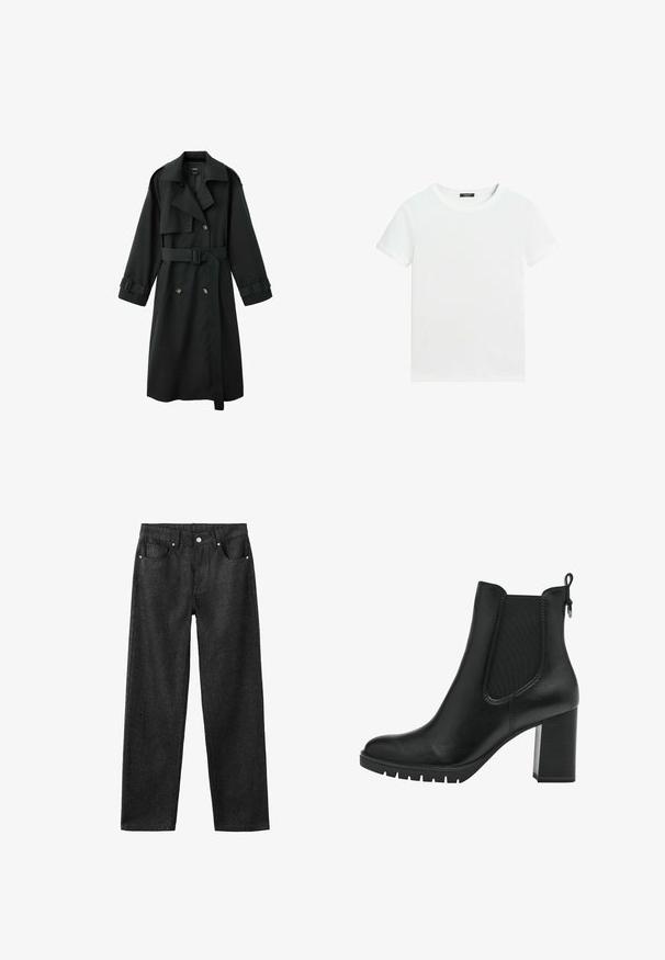 Schwarzer langer Trenchcoat mit weitem Kragen, doppelreihiger Vorderseite, Gürtel in der Taille und Schnallen an den Manschetten, auf weißem Hintergrund dargestellt.; Schlichtes weißes T-Shirt mit kurzen Ärmeln, rundem Halsausschnitt und einem kleinen schwarzen Etikett innen am Kragen.; Schwarze Jeans mit geradem Bein, fünf Taschen, silberner Hardware und glatter Textur.; Tamaris CHELSEA - Plateaustiefelette - black
