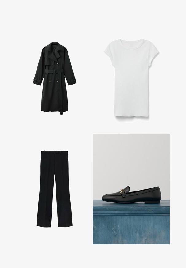 Abrigo trench largo negro con cuello ancho, cierre cruzado de doble botonadura, cinturón en la cintura y tiras con hebillas en los puños, mostrado sobre un fondo blanco.; Camiseta blanca de manga corta con cuello redondo acanalado, colocada en plano sobre fondo blanco, mostrando el lado frontal y un estilo casual sencillo.; Pantalones negros con un diseño de pierna recta, fabricados en tejido suave. Presentan una cinturilla con pasadores para cinturón y sin marcas ni adornos visibles.; Mocasín de cuero negro con acabado liso, que presenta un detalle de herraje dorado y una punta redondeada, suspendido sobre un fondo minimalista.