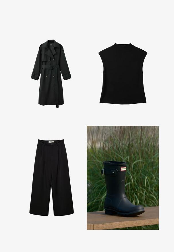 Zwarte lange trenchcoat met brede kraag, dubbele rij knopen aan de voorkant, riem in de taille en gespsluitingen aan de manchetten, afgebeeld op een witte achtergrond.; Zwart mouwloos gebreid topje met een hoge ronde halslijn en iets uitlopende zoom.; Zwarte broek met wijde pijpen en hoge taille, voorzien van voorplooien, twee zijzakken en een knoopsluiting. Gladde stoftextuur.; Zwarte rubberen regenlaarzen met een glanzende afwerking, voorzien van een zilveren gesp en een logo patch. De zool is gestructureerd voor grip.