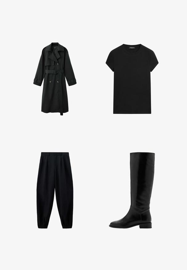 Long trench-coat noir avec col large, devant à double boutonnage, ceinture à la taille et brides à boucle aux poignets, présenté sur fond blanc.; T-shirt noir à manches courtes avec un col rond et une étiquette de marque visible à l'encolure, centré sur un fond blanc.; Pantalon noir taille haute effilé avec des plis à la taille et aux poignets, et des poches latérales, présenté sur fond blanc.; Botte noire en cuir, montante jusqu'au genou, avec une texture lisse, un bout rond, un petit talon et un design minimaliste. Elle présente une tige ajustée et des accents cousus.
