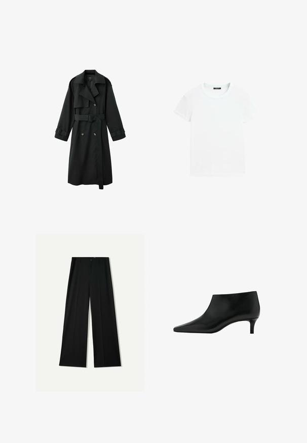 Zwarte lange trenchcoat met brede kraag, dubbele rij knopen aan de voorkant, riem in de taille en gespsluitingen aan de manchetten, afgebeeld op een witte achtergrond.; Effen wit t-shirt met korte mouwen en ronde hals, plat gelegd op een witte achtergrond.; Bershka WIDE - Broek - black; Zwarte leren enkellaars met puntige neus en lage kittenhak, ontworpen voor elegante en formele gelegenheden.