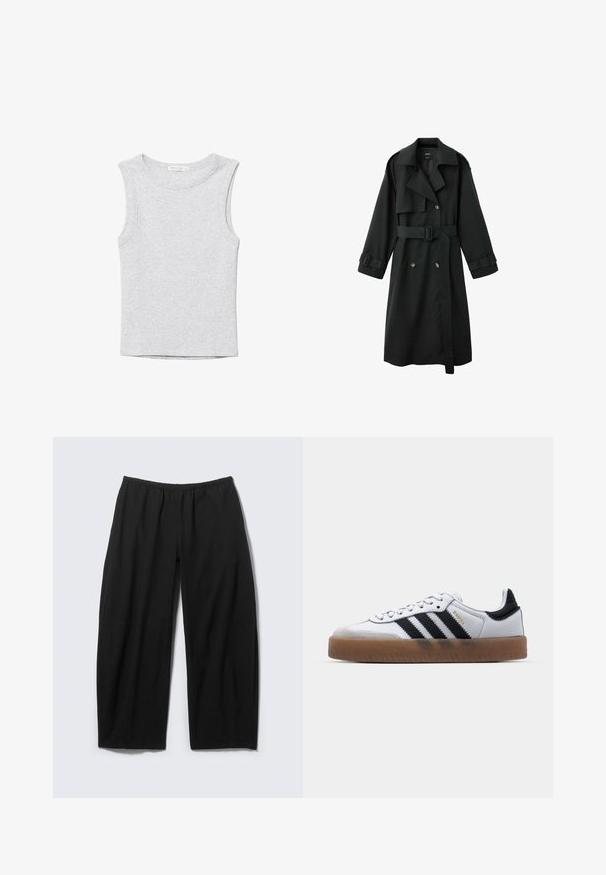 Long trench-coat noir avec col large, devant à double boutonnage, ceinture à la taille et brides à boucle aux poignets, présenté sur fond blanc.; Débardeur court gris clair sans manches avec encolure ronde, en tissu tricoté doux.; Pantalon noir ample avec taille élastique et jambes larges et droites, présenté à plat sur un fond clair.; Baskets en cuir blanc avec des rayures noires, semelle extérieure en caoutchouc beige, bout rond, fermeture lacée et embout en suède gris doux.