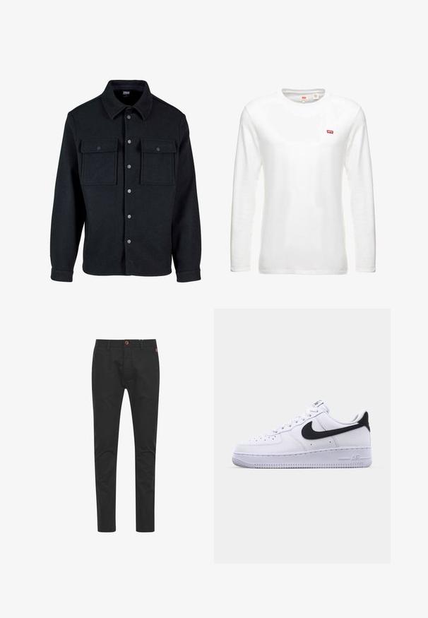 Zwarte overhemdjasje gemaakt van dikke stof, met een kraag, twee borstzakken met kleppen en zilveren knopen aan de voorkant.; Witte lange mouwen t-shirt van katoen, met een ronde halslijn en een klein rood Levi's logo op de borst. Eenvoudig, klassiek ontwerp.; Zwarte chinos met een slim fit, gemaakt van katoen, voorzien van een bruine knoopsluiting, vier zakken en klassieke stikseldetails.; Witte leren sneaker met een gestructureerde zwarte Swoosh, platte veters en een rubberen zool met een geribbeld patroon. "AIR" is in de hak geperst.
