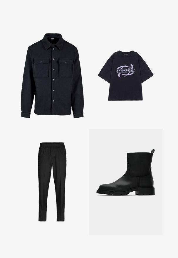 Veste noire à boutons faite d'un tissu épais, avec un col, deux poches poitrine à rabat et des boutons en métal argenté sur le devant.; T-shirt noir surdimensionné en coton avec une impression graphique comprenant le texte « Pegador Most Alive » et des accents tourbillonnants en violet et argent.; Pantalon noir slim à taille élastique avec plis, conçu pour une coupe ajustée mais confortable.; Botte en cuir noire mi-mollet avec bout rond, semelle plate à crampons, languette à l'arrière et marquage en relief subtil sur le tige.