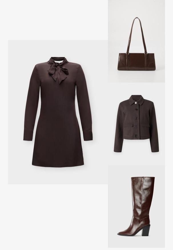 Dunkelbraune kurze Jacke mit langen Ärmeln, rundem Kragen, vorderen Klappentaschen und fünf schwarzen Knöpfen an der Vorderseite.; Dunkelbraunes langärmeliges Kleid mit gebundener Schleife am Kragen und einer geraden, schlichten Silhouette auf einfarbigem Hintergrund.; Hohe, dunkelbraune Lederstiefel mit einer spitzen Zehe und einem gestapelten Blockabsatz, seitlich vor einem schlichten Hintergrund dargestellt.; Braune Lackleder-Handtasche in rechteckiger Form, mit zwei langen Griffen und subtilen, geschwungenen Akzenten auf der Vorderseite.