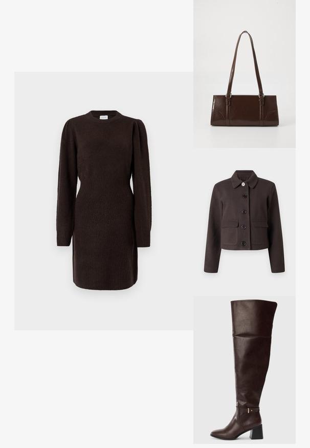 Veste courte marron foncé à manches longues, col rond, poches à rabat à l'avant et cinq boutons noirs au centre.; Robe tricotée marron foncé avec un col rond, de longues manches bouffantes et une texture côtelée à la taille et aux poignets. Texture lisse sur le corps.; Bottine en cuir marron foncé hauteur genou avec un talon large et un détail de sangle décorative sur le côté, présentée sur un fond clair uni.; Sac à main en cuir verni marron de forme rectangulaire, avec deux longues poignées et des accents courbés subtils à l'avant.