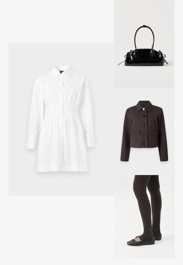 Veste courte marron foncé à manches longues, col rond, poches à rabat à l'avant et cinq boutons noirs au centre.; Robe-chemise blanche à manches longues avec boutons sur le devant, col pointu et taille cintrée.; Jambes portant des leggings côtelés foncés associés à des ballerines noires avec de petits détails en nœud sur fond blanc.; Petit sac à main noir brillant avec deux longues anses et des détails à cordon sur les côtés sur un fond clair uni.