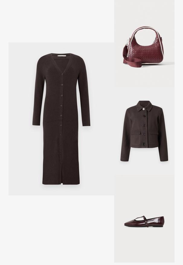 Veste courte marron foncé à manches longues, col rond, poches à rabat à l'avant et cinq boutons noirs au centre.; Cardigan long, marron foncé, côtelé, avec un col en V, des manches longues et une fermeture à boutons sur le devant avec 7 boutons. Longueur mi-mollet.; Chaussure plate en cuir bordeaux foncé avec un bout pointu et une fine bride en T avec une boucle argentée sur fond blanc.; Sac à main en cuir tressé marron foncé avec poignée courbée, garniture blanche, fermeture éclair argentée et bandoulière large en tissu amovible sur fond uni.