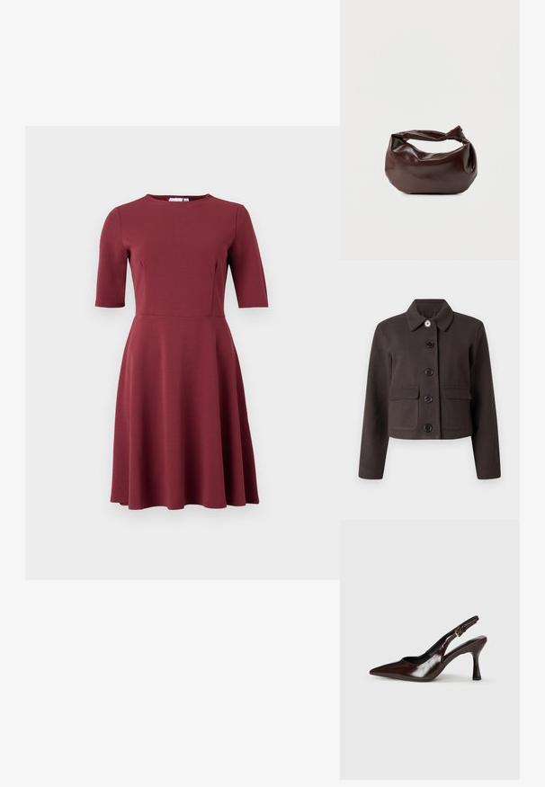 Dunkelbraune kurze Jacke mit langen Ärmeln, rundem Kragen, vorderen Klappentaschen und fünf schwarzen Knöpfen an der Vorderseite.; Burgunderfarbendes Kleid mit rundem Ausschnitt, kurzen Ärmeln, tailliertem Oberteil und ausgestelltem Rock. Hergestellt aus glattem Stoff ohne sichtbare Muster oder Verzierungen.; Braune lackleder Slingback-Absätze mit spitzem Zehen, einem dünnen Absatz und einem verstellbaren Riemen mit einer kleinen Schnalle.; Dunkelbraune Lederschultertasche mit weicher, lockerer Form und einem gedrehten Knotengriff vor schlichtem weißem Hintergrund.