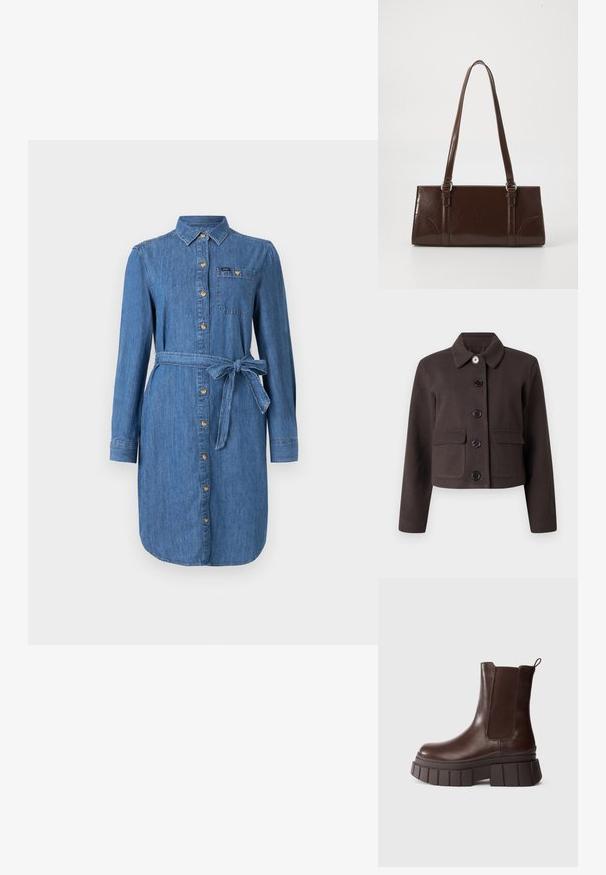 Mørkebrun cropped jakke med lange ærmer, rundet krave, lommer med klap på forsiden og fem sorte knapper ned langs midten.; Denim skjortekjole med lange ærmer, frontknapper, brystlomme og knyttet taljebælte i medium blå vask.; Mørkebrune læderankelstøvler med en tyk, klodset sål og elastiske sidepaneler, placeret mod en ensfarvet hvid baggrund.; Brun lakeret håndtaske med rektangulær form, to lange håndtag og subtile buede detaljer på fronten.