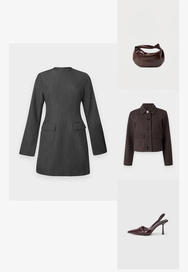 Dunkelbraune kurze Jacke mit langen Ärmeln, rundem Kragen, vorderen Klappentaschen und fünf schwarzen Knöpfen an der Vorderseite.; Graues, tailliertes Kleid mit langen Ärmeln, Rundhalsausschnitt und zwei vorderen Taschen. Hergestellt aus strukturiertem Stoff und zeichnet sich durch ein elegantes, strukturiertes Design aus.; Bordeauxroter Slingback-Pumps aus Lackleder mit spitz zulaufender Vorderkappe, dünnem Knöchelriemen und kleiner dekorativer Schnalle. Glatte Textur und hoher Absatz.; Dunkelbraune Lederschultertasche mit weicher, lockerer Form und einem gedrehten Knotengriff vor schlichtem weißem Hintergrund.