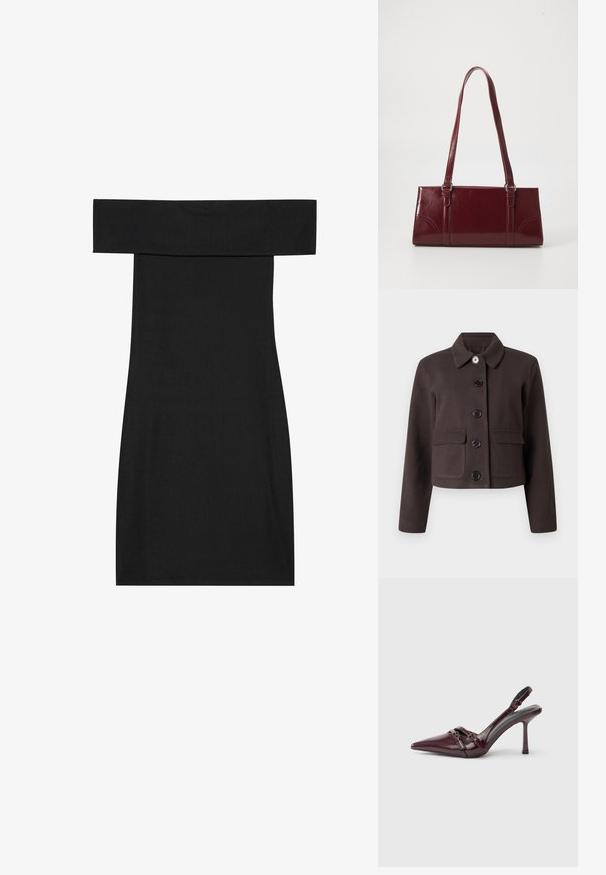 Mørkebrun cropped jakke med lange ærmer, rundet krave, lommer med klap på forsiden og fem sorte knapper ned langs midten.; Sort off-shoulder kjole lavet af ribbet stof. Designet har en tætsiddende form og en lige kant, der fremhæver en glat tekstur.; Bourgogne laklæder slingback-hæl med spids tå, tynd ankelrem og lille dekorativ spænde. Glat tekstur og høj hæl.; Bordeaux håndtaske lavet af glansfuldt materiale, rektangulær form, med to skulderremme og subtile buede detaljer på forsiden.