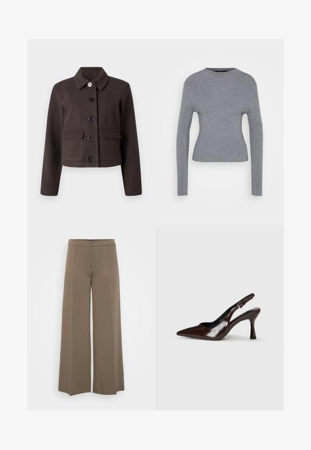 Mørkebrun cropped jakke med lange ærmer, rundet krave, lommer med klap på forsiden og fem sorte knapper ned langs midten.; Grå ribbet langærmet sweater med rund hals og tætsiddende silhuet, præsenteret på en ensfarvet hvid baggrund.; Breddebenede bukser i en ensfarvet brun stof, med knaplukning, glat for og blød tekstur, designet til en afslappet pasform.; Brune patenterede læderslingback-sandaletter med spids tå, en tynd hæl og justerbar rem med en lille spænde.