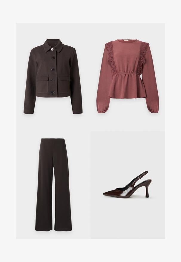 Mørkebrun cropped jakke med lange ærmer, rundet krave, lommer med klap på forsiden og fem sorte knapper ned langs midten.; Langærmet bluse i støvet rosa med rund halsudskæring, blonder på forstykket, indsnøring i taljen og let udvidet kant.; Sorte breddebenbukser lavet af glat, strækbart stof. Har en høj talje og et rent, minimalistisk design uden synlige lukninger.; Brune patenterede læderslingback-sandaletter med spids tå, en tynd hæl og justerbar rem med en lille spænde.