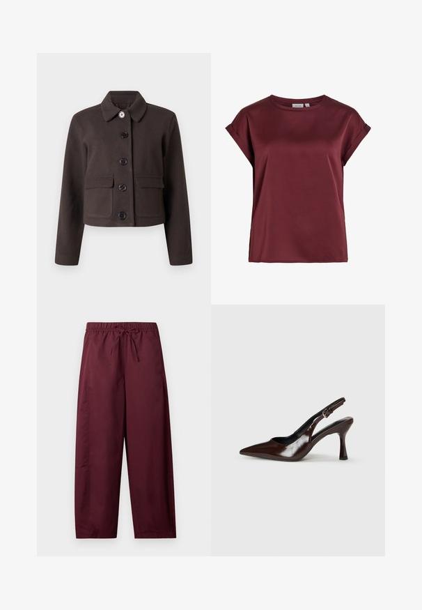 Veste courte marron foncé à manches longues, col rond, poches à rabat à l'avant et cinq boutons noirs au centre.; Blouse bordeaux à manches courtes et col rond, avec des poignets retroussés et une texture de tissu lisse légèrement brillante.; Pantalon ample couleur bordeaux avec taille élastique et cordon de serrage, jambes droites, sans poches visibles ni motifs.; Talons slingback en cuir verni brun avec un bout pointu, un talon fin, et une sangle réglable avec une petite boucle.