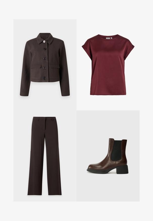Mørkebrun cropped jakke med lange ærmer, rundet krave, lommer med klap på forsiden og fem sorte knapper ned langs midten.; Kortærmet, rundhalset bluse i burgunderfarve med opsmøgede manchetter og en glat, let skinnende stoftekstur.; Sorte bukser med vide ben, bæltestropper og skjult frontlukning, vist fladt mod en lys baggrund.; Brune læder ankelstøvle med rund tå, elastisk sidepanel og en kraftig sort hæl. Glat tekstur med minimalistisk design.