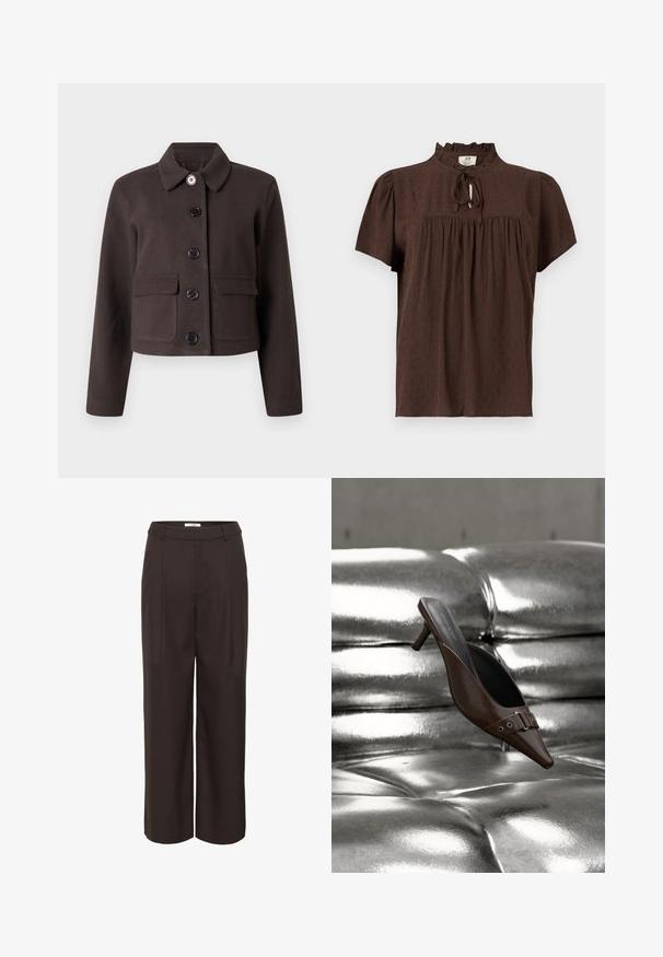 Veste courte marron foncé à manches longues, col rond, poches à rabat à l'avant et cinq boutons noirs au centre.; Blouse marron à manches courtes en tissu texturé, empiècement froncé, col volanté et fermeture à nouer devant.; Pantalons à jambes larges marron en tissu lisse. Dotés d'une taille haute, de plis avant et de poches latérales pour plus de fonctionnalité.; Mule à talon brun à bout pointu avec détail boucle flottant au-dessus d'une surface en cuir argenté capitonnée brillante.