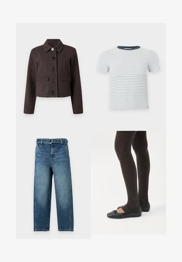Veste courte marron foncé à manches longues, col rond, poches à rabat à l'avant et cinq boutons noirs au centre.; T-shirt blanc à manches courtes en maille côtelée avec de fines rayures horizontales noires et un col rond uni gris foncé.; Jean en denim bleu avec une taille haute, des jambes larges et une ceinture avec un anneau en métal. Présente des décolorations et des effets d'usure subtils sur le tissu.; Jambes portant des leggings côtelés foncés associés à des ballerines noires avec de petits détails en nœud sur fond blanc.