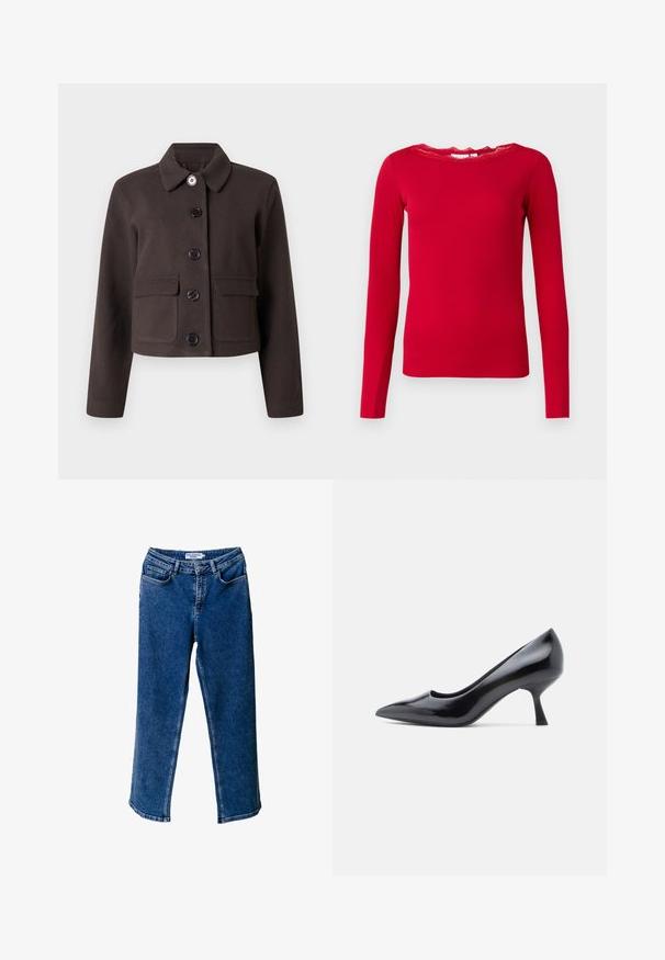 Dunkelbraune kurze Jacke mit langen Ärmeln, rundem Kragen, vorderen Klappentaschen und fünf schwarzen Knöpfen an der Vorderseite.; Rotes Langarmoberteil aus geripptem Material mit einem gewellten Spitzenausschnitt. Einfaches Design mit einer taillierten Silhouette.; Blaue Denim-Jeans mit weitem Bein und hoher Taille, ausgestattet mit frontalen Taschen, kontrastierenden Nähten und einer lässigen Passform.; Schwarzer Lackleder-Pumps mit spitz zulaufender Spitze und mittelhohem Stiletto-Absatz. Glatte Textur und minimalistisches Design ohne sichtbare Verzierungen.