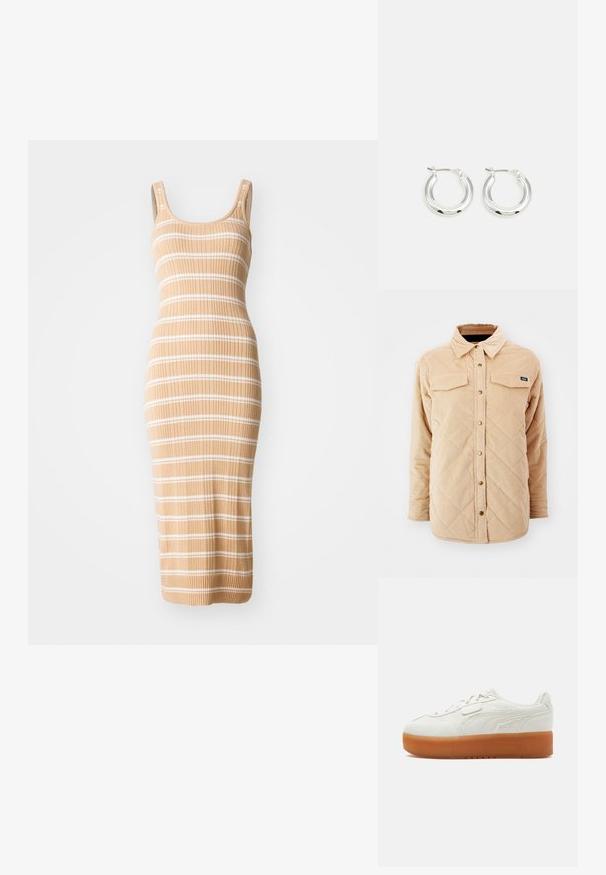 Veste chemise en velours côtelé beige avec un motif matelassé, deux poches poitrine, fermeture à boutons à l'avant et une petite étiquette de marque sur la poitrine gauche.; Robe midi en tricot de couleur beige avec des rayures blanches, présentant un design ajusté, sans manches et une texture côtelée.; Baskets basses blanches avec semelle épaisse en caoutchouc marron, détail coutures sur les côtés et fermeture à lacets avec petite bride en Velcro.; Boucles d'oreilles en argent avec une finition polie, présentant une forme circulaire et une fermeture à charnière. Texture lisse avec un minimum de détails.