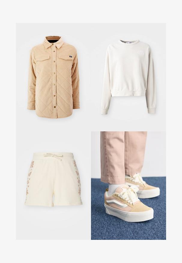 Beige corduroy skjortejakke med quiltet mønster, to brystlommer, knap lukning foran og et lille mærke på venstre bryst.; Cremefarvet cropped sweatshirt lavet af blødt stof, med rund halsudskæring, lange ærmer og et broderet logo på brystet.; Cremefarvede ribbede shorts med snørelukning i taljen, der har dekorative brune blomster- og geometriske mønstre på siderne.; Lyserøde og beige ruskinds sneakers med hvide detaljer og flade snørebånd, med en tykk hvid gummisål og synlige syninger.