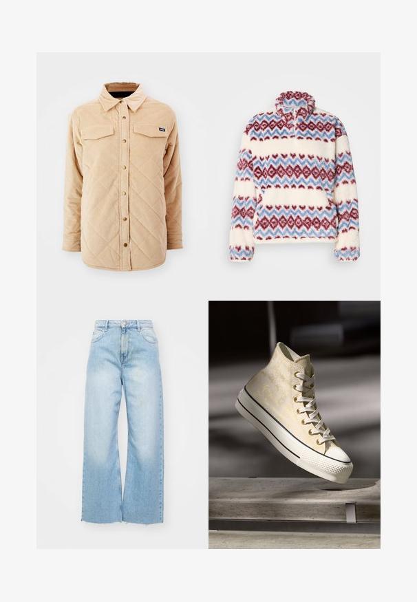 Beige corduroy overhemdjack met een gewatteerd patroon, twee borstzakken, een knoopsluiting aan de voorkant en een klein merkje op de linkerkant van de borst.; Fleece pullover met een hoge kraag en een meerkleurig zigzagpatroon in rood, blauw en crèmekleur. Zachte textuur en losse pasvorm.; Lichtblauwe wijde spijkerbroeken van denim, met een hoge taille, vervaagde details, een knoopsluiting en een ruwe zoom aan de onderkant.; Hoge sneakers met een gestructureerde lichtgele bovenkant, witte rubberen neuskap en contrasterende zwarte strepen op de witte zool. Vetersluiting.