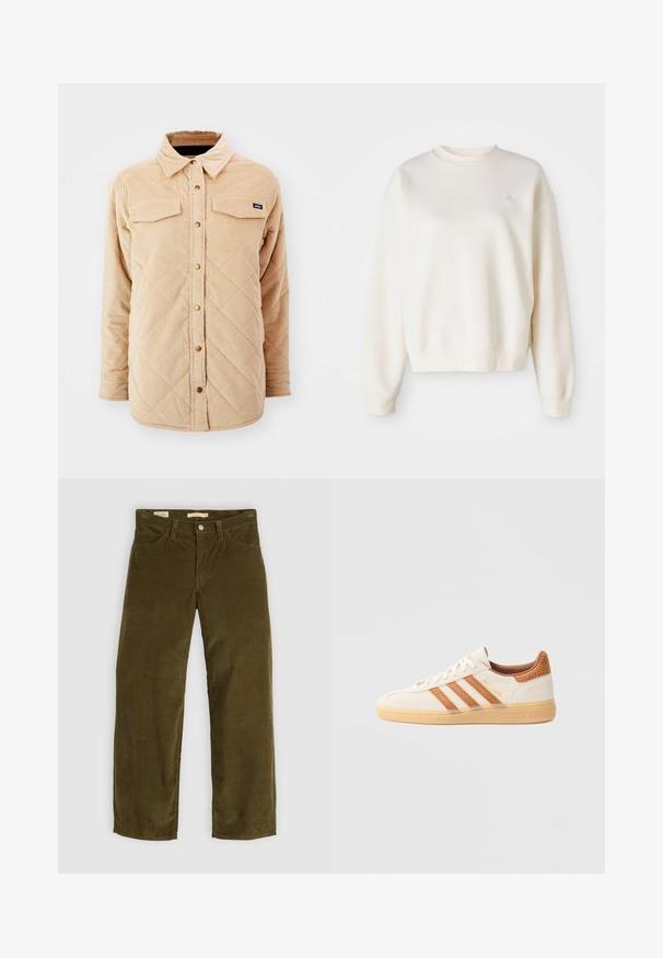Camisa chaqueta de borlas en color beige con un patrón acolchado, dos bolsillos en el pecho, cierre frontal con botones y una pequeña etiqueta de la marca en el lado izquierdo del pecho.; Sudadera de color crema fabricada con un tejido suave, con cuello redondo, puños acanalados y un pequeño logo tonal en el lado izquierdo del pecho.; Pantalones de pana verde oliva con un diseño de pierna recta, que cuentan con bolsillos frontales y un cierre de botones, mostrando una textura acanalada vertical.; Zapatilla blanca de ante con acentos de malla marrón claro y tres rayas marrones. Cuenta con una suela de goma texturizada y la marca "SPEZIAL" en el lateral.