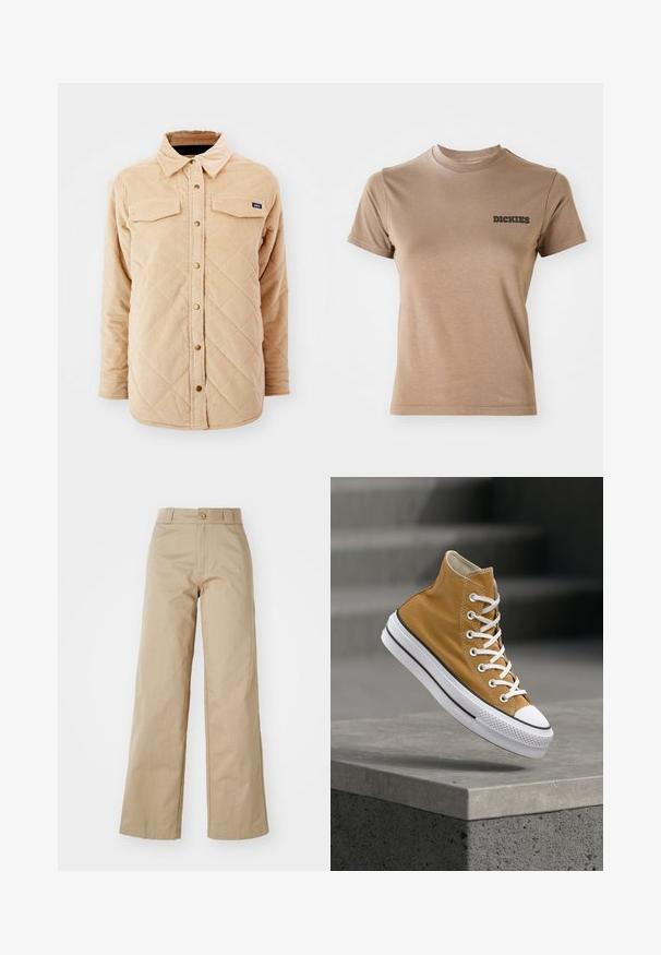 Beige corduroy skjortejakke med quiltet mønster, to brystlommer, knap lukning foran og et lille mærke på venstre bryst.; Brun bomulds t-shirt med korte ærmer og rund hals. Har et sort "DICKIES" logo på venstre brystområde. Glat tekstur.; Beige brede bukser lavet af bomuld, med knaplukning og bælteholder, med en glat tekstur og ren finish.; Højtop-sneaker i sennepsgul lærred med hvide snørebånd, gummitåhætte og en tekstureret hvid sål med sorte striber.