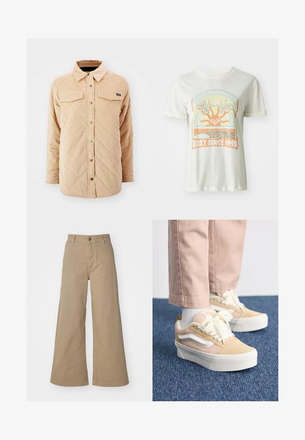 Camisa chaqueta de borlas en color beige con un patrón acolchado, dos bolsillos en el pecho, cierre frontal con botones y una pequeña etiqueta de la marca en el lado izquierdo del pecho.; Camiseta de algodón color crema con un gráfico retro de palmeras, sol y "ROXY SINCE 1990" en acentos naranja y verde azulado. Mangas cortas.; Pantalones de pierna ancha color caqui, fabricados en algodón, con cierre de botón frontal, lazos para cinturón y una textura suave y mate en toda su superficie.; Zapatillas de ante rosa claro y beige con acentos blancos y cordones planos, que cuentan con una gruesa suela de goma blanca y detalles de costura visibles.