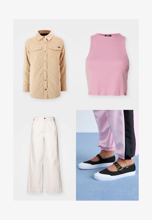 Veste chemise en velours côtelé beige avec un motif matelassé, deux poches poitrine, fermeture à boutons à l'avant et une petite étiquette de marque sur la poitrine gauche.; Crop top rose à côtes avec un col rond et un design sans manches. Se termine juste au-dessus de la taille.; Pantalons en denim blanc à jambes larges avec des coutures rouges, dotés d'une taille haute, d'une fermeture à bouton à l'avant et de poches latérales. Tissu en coton texturé.; Baskets noires en toile avec une semelle blanche, présentant un design découpé et une sangle en boucle dorée. Portées avec un pantalon de survêtement rose.