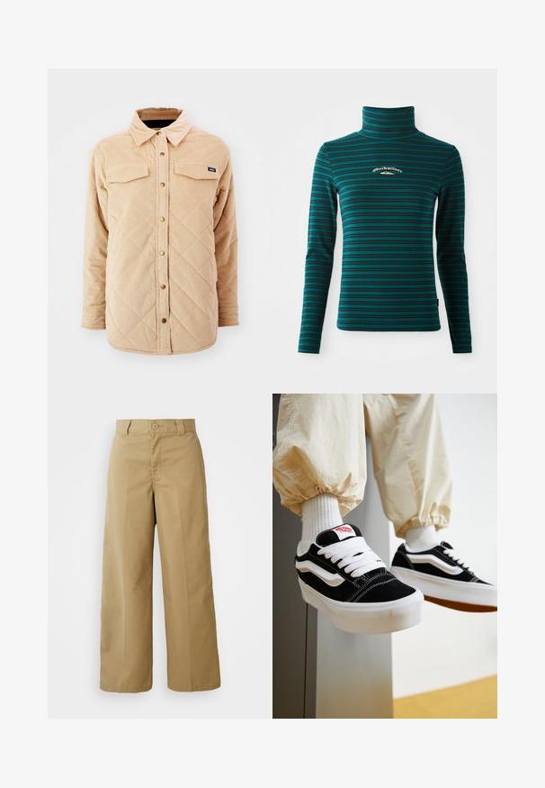 Veste chemise en velours côtelé beige avec un motif matelassé, deux poches poitrine, fermeture à boutons à l'avant et une petite étiquette de marque sur la poitrine gauche.; Top à manches longues et col roulé en teal avec des rayures horizontales bleu foncé. Présente un petit logo blanc et doré sur la poitrine. Tissu doux et extensible.; Pantalons larges beiges en tissu mélangé coton, avec une fermeture à bouton, des passants de ceinture et des poches avant.; Personne portant des baskets Vans noires et blanches avec des lacets blancs, des chaussettes blanches et un pantalon beige avec des poignets élastiques.