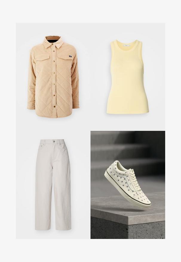 Beige Kordjacke mit einem gesteppte Muster, zwei Brusttaschen, Knopfverschluss und einem kleinen Markenschild auf der linken Brust.; Gelbes ärmelloses Tanktop aus weichem, geripptem Stoff. Mit rundem Ausschnitt und figurbetonter Silhouette. Dezentes Logo auf der Brust.; Beige weite Baumwollhosen mit hoher Taille, Knopf- und Reißverschluss, und vier Taschen; glatte Textur mit Jeansoptik.; Off-White Sneaker mit blauen und roten Blumenmustern, weißen Schnürsenkeln und einer schwarz gestreiften Sohle, die über einem grauen Betonblock schwebt.