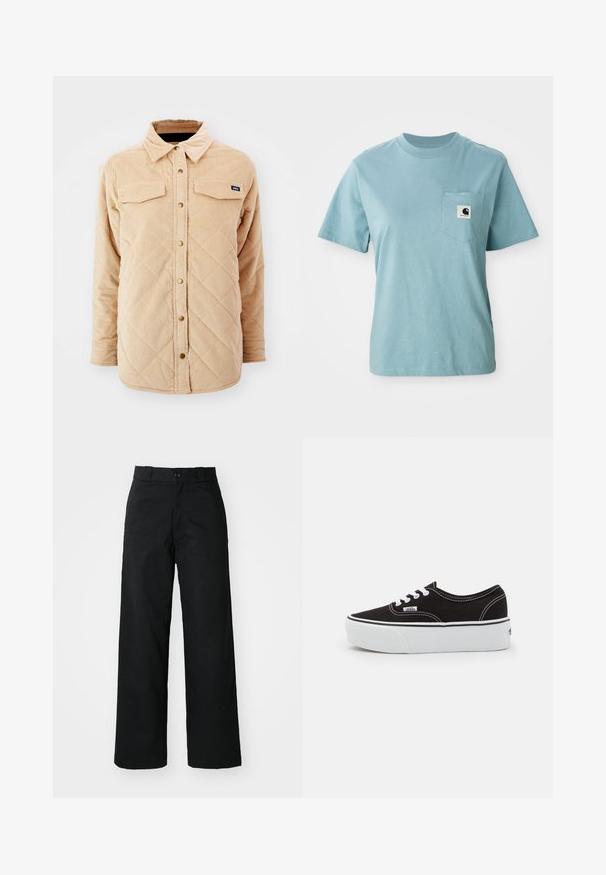 Beige corduroy skjortejakke med quiltet mønster, to brystlommer, knap lukning foran og et lille mærke på venstre bryst.; Lyseblå kortærmet bomulds T-shirt med brystlomme og et lille sort-hvidt Carhartt logo patch.; Sorte vide bukser med flad front, knaplukning og bæltestropper. Fremstillet af holdbart stof med en glat tekstur.; Sort lærred sneakers med en hvid gummi platform sål, der har hvide snørebånd og syninger, ikonisk branding på siden, lav-top design.