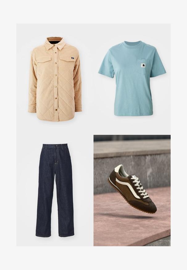 Veste chemise en velours côtelé beige avec un motif matelassé, deux poches poitrine, fermeture à boutons à l'avant et une petite étiquette de marque sur la poitrine gauche.; T-shirt en coton léger bleu clair à manches courtes avec poche poitrine affichant un petit patch logo Carhartt noir et blanc.; Jeans en denim droit bleu foncé avec passants de ceinture, bouton avant et poches latérales sur fond blanc.; Baskets en daim marron et marron foncé avec une bande blanche et des lacets, flottant au-dessus d'une surface en pierre rose et d'un arrière-plan gris.