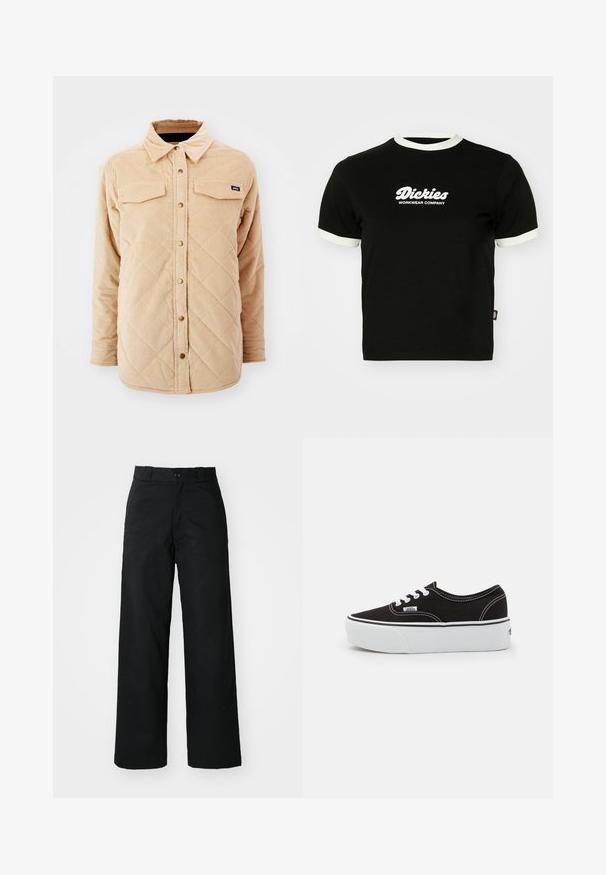 Beige corduroy skjortejakke med quiltet mønster, to brystlommer, knap lukning foran og et lille mærke på venstre bryst.; Sort bomulds t-shirt med hvid ribbet halsudskæring og ærmekanter. Har hvidt logo-tekst på forsiden: "Dickies Workwear Company." Korte ærmer.; Sorte vide bukser med flad front, knaplukning og bæltestropper. Fremstillet af holdbart stof med en glat tekstur.; Sort lærred sneakers med en hvid gummi platform sål, der har hvide snørebånd og syninger, ikonisk branding på siden, lav-top design.