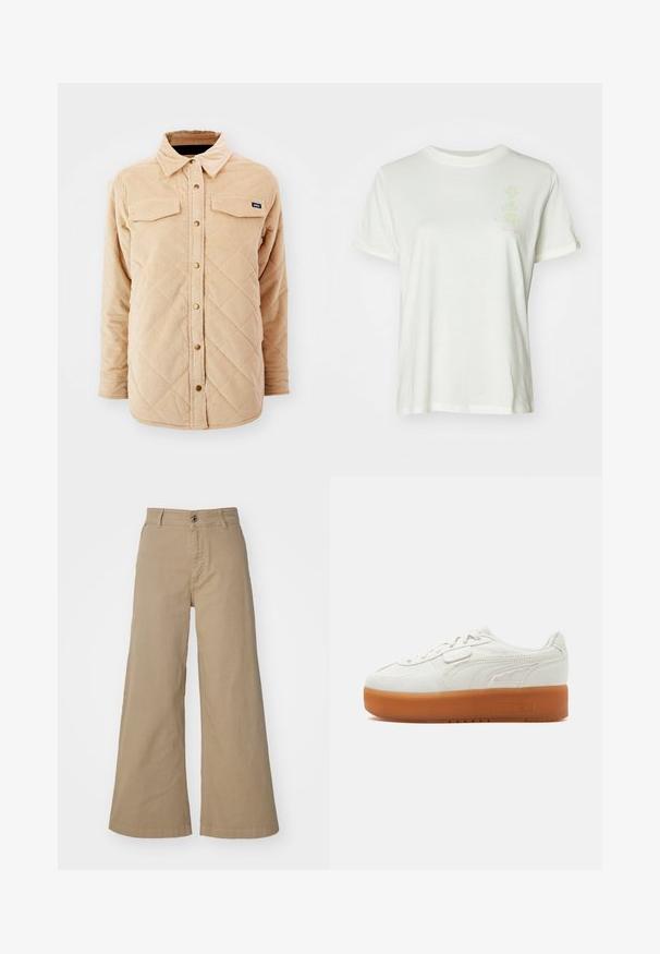 Beige Kordjacke mit einem gesteppte Muster, zwei Brusttaschen, Knopfverschluss und einem kleinen Markenschild auf der linken Brust.; Weißes Baumwoll-T-Shirt mit Rundhalsausschnitt, kurzen Ärmeln und einem subtilen pastellfarbenen Blumenmuster auf der Vorderseite. Weicher Stoff, lockere Passform.; Khakifarbene weite Baumwollhosen mit einem Vorderknopfverschluss, Gürtelschlaufen und einer glatten, matten Oberfläche.; Weißer Low-Top-Sneaker mit dicker brauner Gummisohle, seitlichen Ziernähten und Schnürverschluss mit kleinem Klettverschluss.