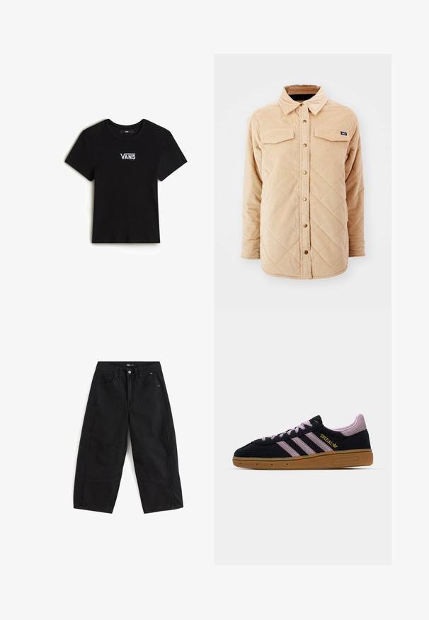 Beige corduroy overhemdjack met een gewatteerd patroon, twee borstzakken, een knoopsluiting aan de voorkant en een klein merkje op de linkerkant van de borst.; Vans CAMERON - T-shirt basic - black; Zwarte denim broeken met een ruime pasvorm, voorzien van voorzakken, een tonale patchdesign en een knopenrits.; Zwarte en roze suede sneaker met rubberen zool, drie roze strepen, gouden "SPEZIAL" branding en een gestructureerde gumzool. Lage ontwerp.