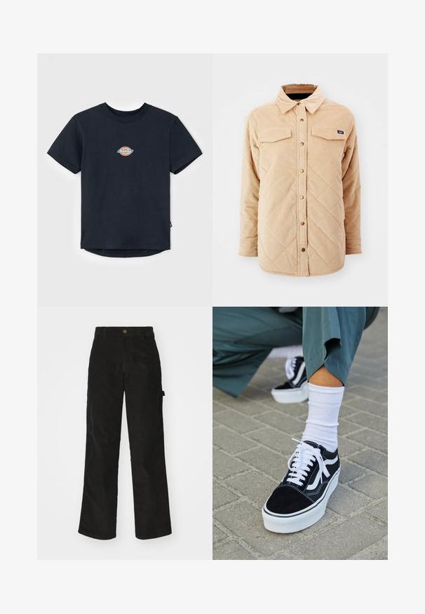 Beige corduroy skjortejakke med quiltet mønster, to brystlommer, knap lukning foran og et lille mærke på venstre bryst.; Sort bomulds t-shirt med korte ærmer, rund hals og et lille flerfarvet logo på brystet. Lige kant med en let længere ryg.; Sorte kordfløjsbukser med et lige ben-design, der har en knaplukning og sidelommer. Glat tekstur med fine lodrette striber.; Sorte ruskinds sneakers med hvide accenter og snørebånd, der har en tyk hvid sål og kontrasterende syninger, parret med en hvid sok.