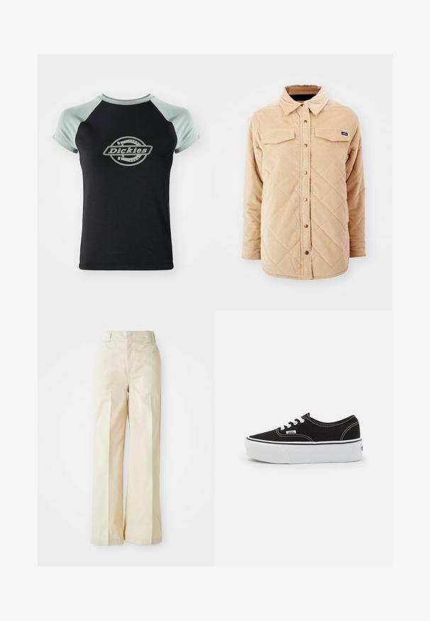 Beige corduroy overhemdjack met een gewatteerd patroon, twee borstzakken, een knoopsluiting aan de voorkant en een klein merkje op de linkerkant van de borst.; Zwarte t-shirt met lichtgroene raglanmouwen. Voorzien van een centraal circulair logo met de tekst "Dickies" in een touwontwerp. Zachte stofstructuur.; Beige wijde broek met een hoge taille, gemaakt van een gladde stof en voorzien van keurig gestreken voorplooien, tegen een effen witte achtergrond.; Zwarte canvas sneaker met een witte rubberen platformzool, voorzien van witte veters en stiksels, iconische branding op de zijkant, low-top ontwerp.