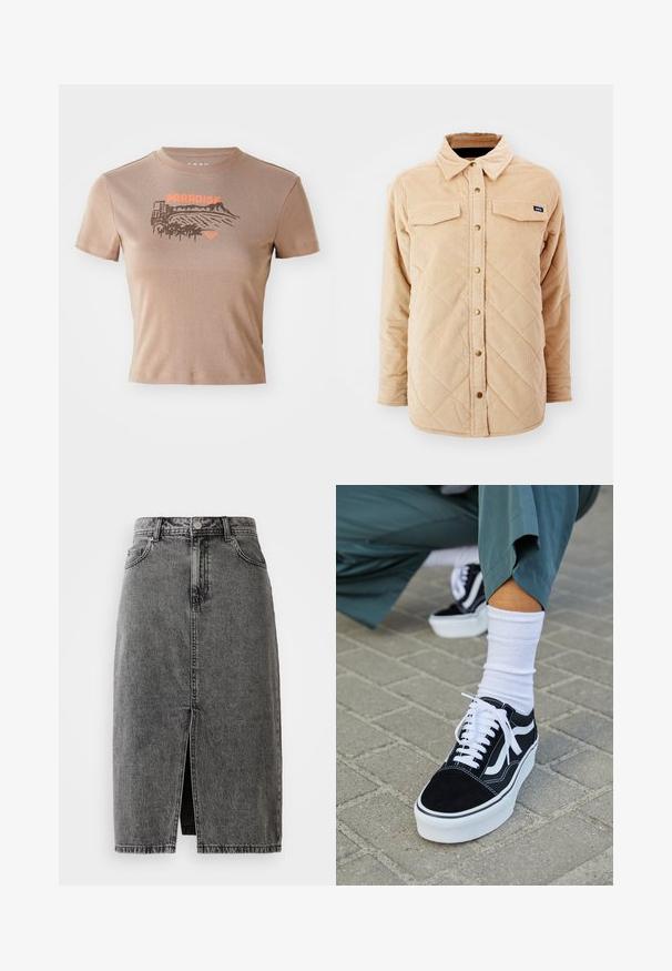 Beige Kordjacke mit einem gesteppte Muster, zwei Brusttaschen, Knopfverschluss und einem kleinen Markenschild auf der linken Brust.; Braunes Baumwoll-T-Shirt, kurze Ärmel, Rundhals. Auf der Vorderseite ist ein "PARADISE"-Grafik in Orange mit Landschafts- und Palmen-Design.; Hochgeschnittene, ausgebleichte schwarze Denim-Midirock mit vorderem Schlitz, Gürtelschlaufen und klassischem Fünf-Taschen-Design.; Schwarze Wildledersneaker mit weißen Akzenten und Schnürsenkeln, ausgestattet mit einer dicken weißen Sohle und kontrastierenden Nähten, kombiniert mit einer weißen Socke.